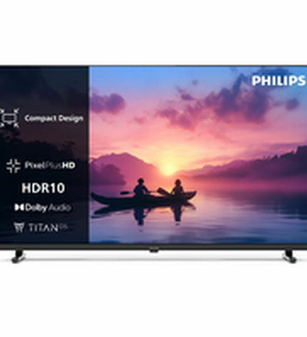 Philips 32-inch HD LED Smart TV with HDR, slim design, and screen display showing vibrant colors and user interface.