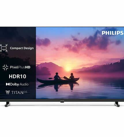 Philips 32-inch HD LED Smart TV with HDR, showing a vibrant home entertainment screen with sleek black frame.