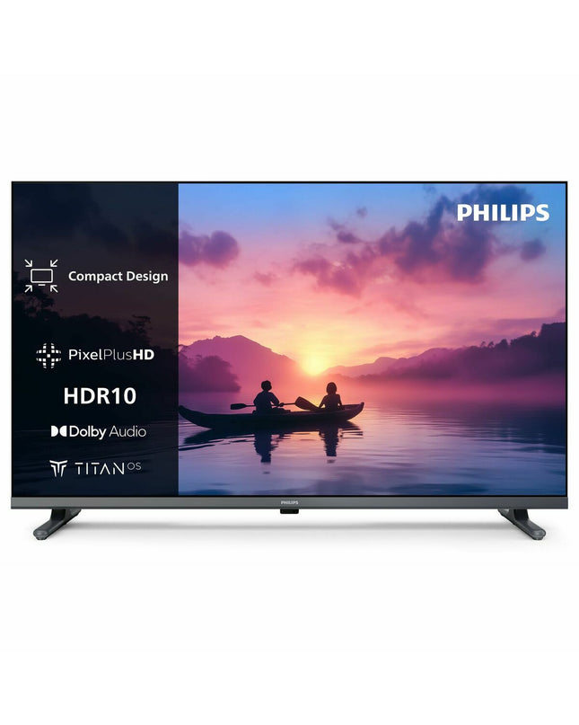 Philips 32-inch Full HD LED Smart TV with HDR and LCD display, showcasing a sleek black screen and modern design.