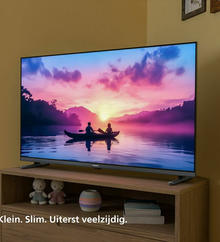 Philips 32-inch Full HD LED Smart TV with HDR, LCD screen, showing a vibrant home entertainment scene.