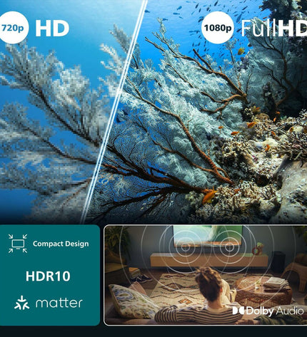 Philips 32-inch Full HD LED Smart TV with HDR, LCD screen, black finish, displaying a vibrant home entertainment scene