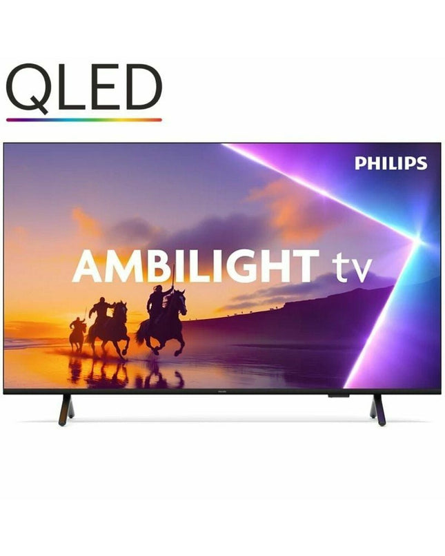 Philips 85-inch 4K Smart TV with slim bezel, displayed in a modern living room, showcasing vibrant screen visuals.
