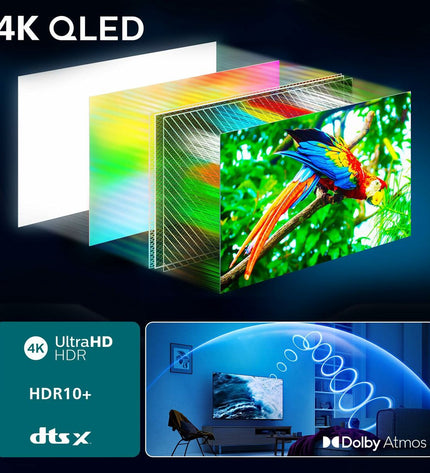 Philips 65-inch 4K Ultra HD LED Smart TV displaying a vibrant home screen with app icons and a sleek black bezel.