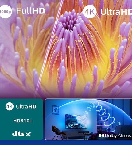 Philips 43-inch 4K Ultra HD LED Smart TV with HDR, sleek black screen and slim bezels, for home entertainment and streaming.