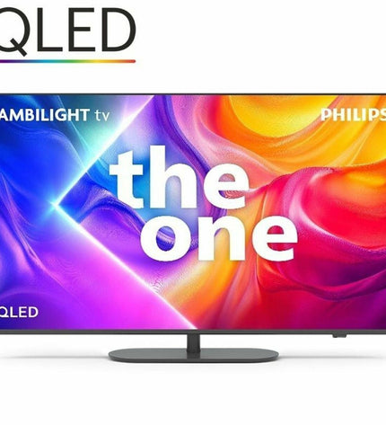 Philips 55-inch 4K Ultra HD LED QLED Smart TV displaying vibrant HDR visuals in a modern living room setup.