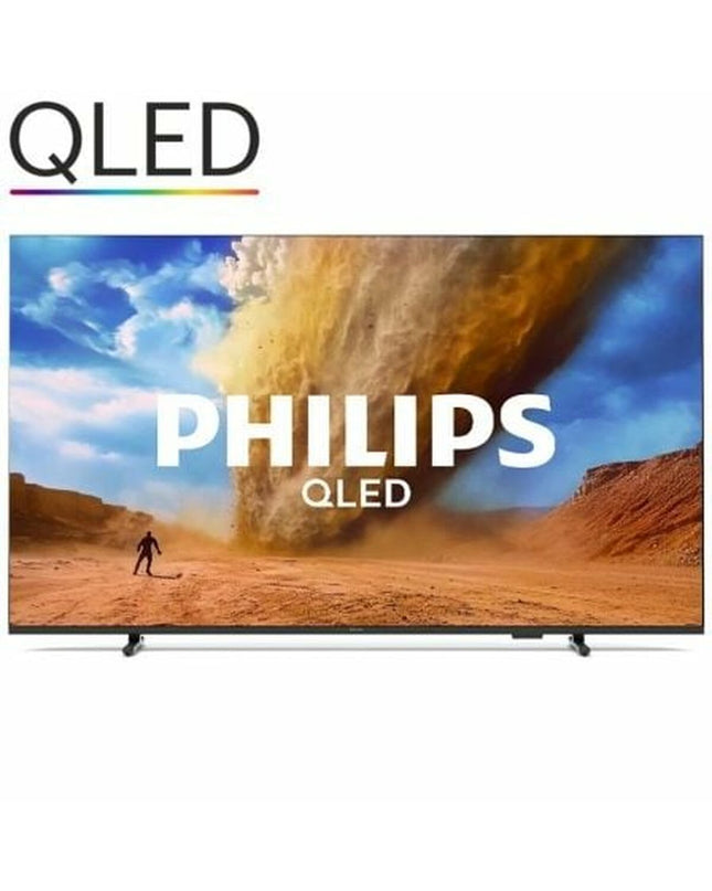 Philips 75-inch 4K Ultra HD LED Smart TV displaying vibrant images on a sleek screen in a modern living room setting.