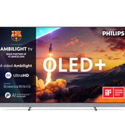 Philips 65OLED910/12 65-inch 4K Ultra HD OLED Smart TV with HDR and NVIDIA G-SYNC, sleek screen display in a modern living room setting.