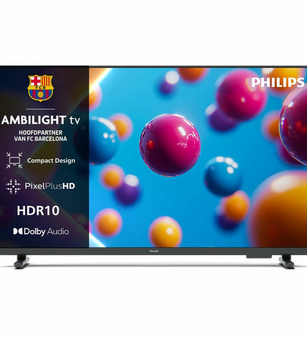 Philips 32-inch Full HD LED Smart TV displaying a vibrant home screen with app icons and a sleek black frame.