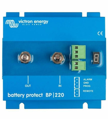 Victron Energy 12/24V 220A battery protector for sport, outdoor, and watersport applications, showing the protective device and connections.