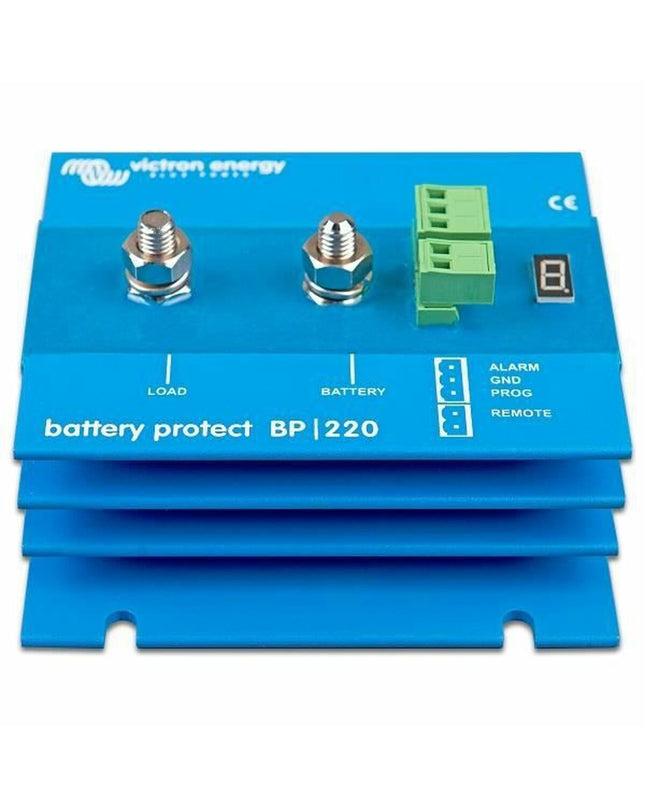 Victron Energy 12/24V 220A battery protector for sport and watersport applications, shown with cables and rugged outdoor design.