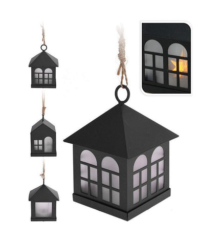 Black metal lantern decoration with integrated light, outdoor garden decor suitable for enhancing outdoor spaces.