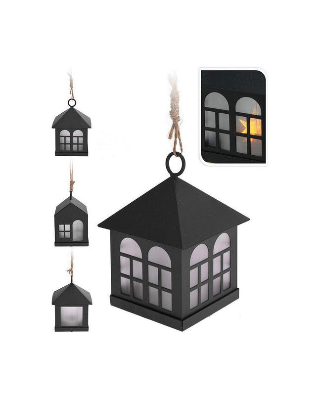 Black metal lantern decoration with integrated light, outdoor garden decor suitable for enhancing outdoor spaces.