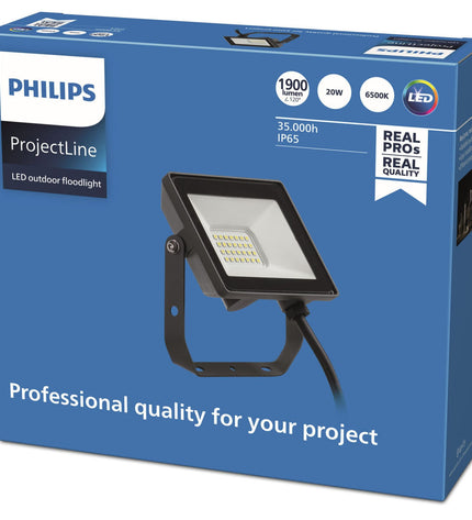 Philips black outdoor garden spotlight with 6500K bright white light, designed for exterior decoration and landscape lighting.