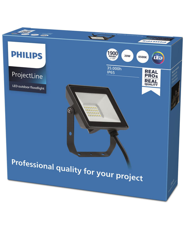 Philips black outdoor garden spotlight with 6500K bright white light, designed for exterior decoration and landscape lighting.