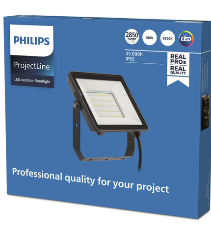 Philips 30W outdoor garden floodlight in black, ideal for outdoor decoration and lighting in garden spaces.