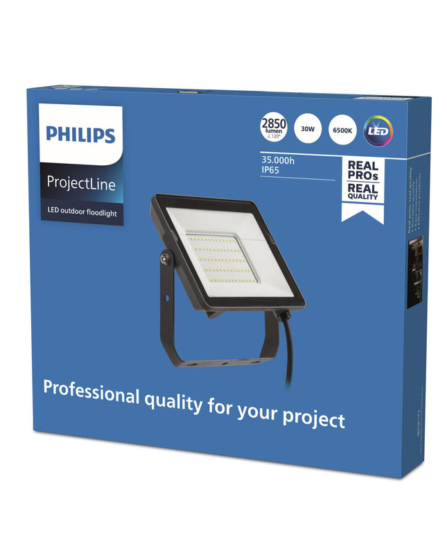 Philips 30W outdoor garden floodlight in black, ideal for outdoor decoration and lighting in garden spaces.