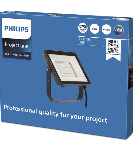 Philips 50W black outdoor garden floodlight used for exterior decoration and illumination in outdoor spaces.