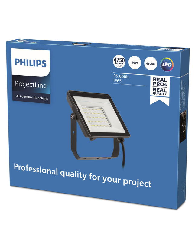 Philips 50W black outdoor garden floodlight used for exterior decoration and illumination in outdoor spaces.