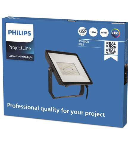 Black Philips outdoor garden floodlight with sleek design, ideal for exterior decoration and illuminating outdoor spaces.