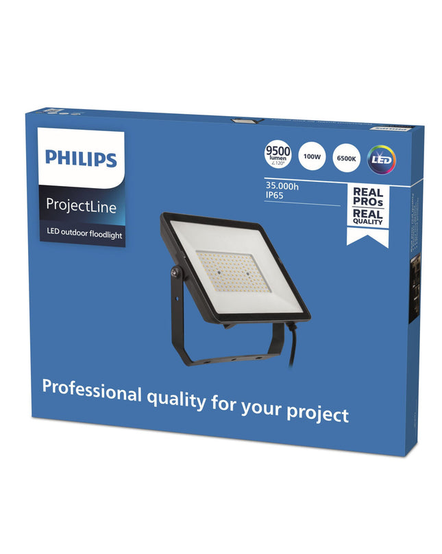Black Philips outdoor garden floodlight with sleek design, ideal for exterior decoration and illuminating outdoor spaces.