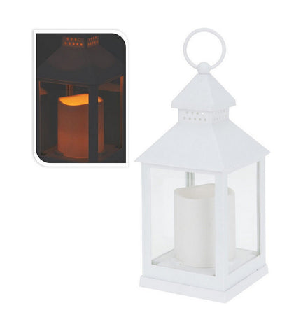 White LED metal lantern candle for outdoor garden decor, featuring a stylish design ideal for patio or garden lighting.