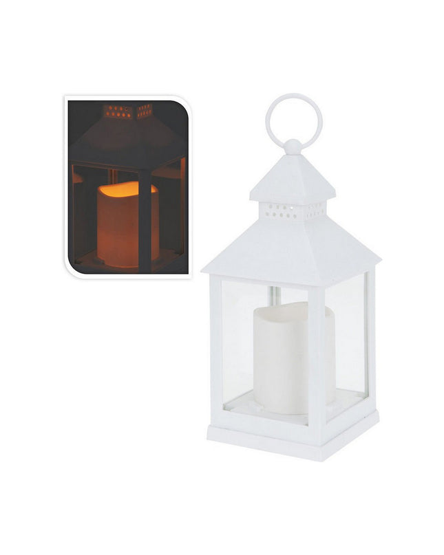White LED metal lantern candle for outdoor garden decor, featuring a stylish design ideal for patio or garden lighting.