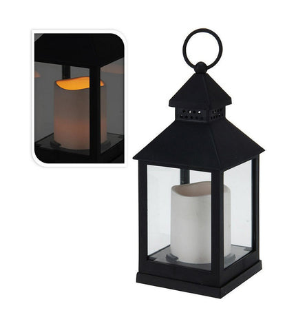 Black metal lantern with LED candle, outdoor garden decor by BigBuy Home, suitable for outdoor patio or garden lighting.