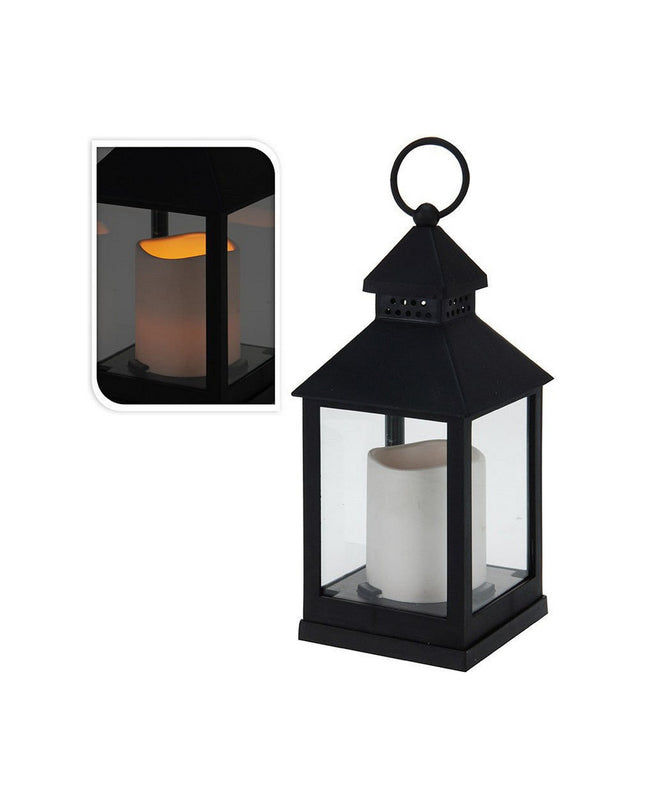 Black metal lantern with LED candle, outdoor garden decor by BigBuy Home, suitable for outdoor patio or garden lighting.