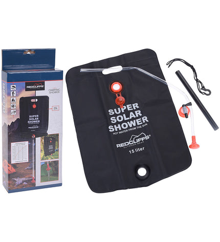 Redcliffs 15L camping douchezak in red and black, outdoor shower bag with hose for camping and hiking activities.