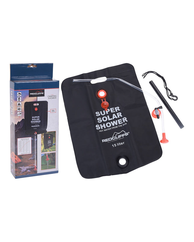 Redcliffs 15L camping douchezak in red and black, outdoor shower bag with hose for camping and hiking activities.