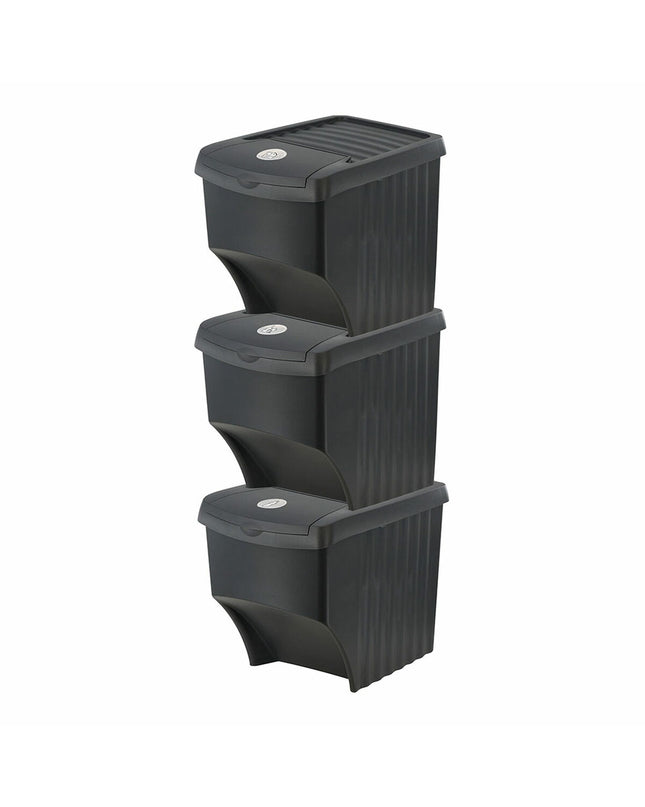 Black stackable recycling bin by Sortibox, designed for home organization and waste sorting in the kitchen or house.