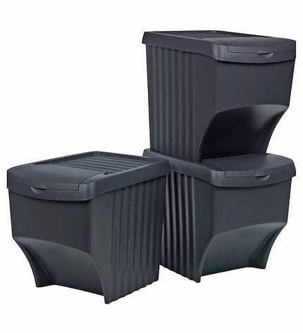 Stackable black recycling bin by Sortibox for home organization, featuring a sleek design for kitchen and household waste management.