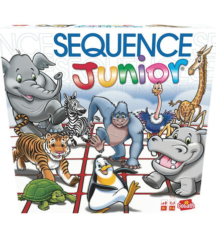 Goliath Sequence Junior board game, colorful game pieces and cards on a play surface, designed for children, 27x6x27 cm.
