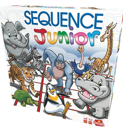 Goliath Sequence Junior game box with colorful playing pieces and game cards on a table, designed for children’s gameplay.