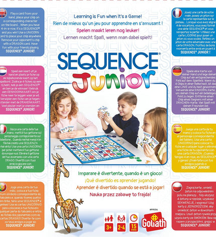 Goliath Sequence Junior game box with colorful game pieces and cards, designed for children’s family board game fun.