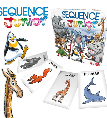 Goliath Sequence Junior board game with colorful game pieces and cards on a wooden surface, perfect for children's play.