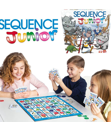 Goliath Sequence Junior board game with colorful game pieces and card deck on a game table, suitable for children.