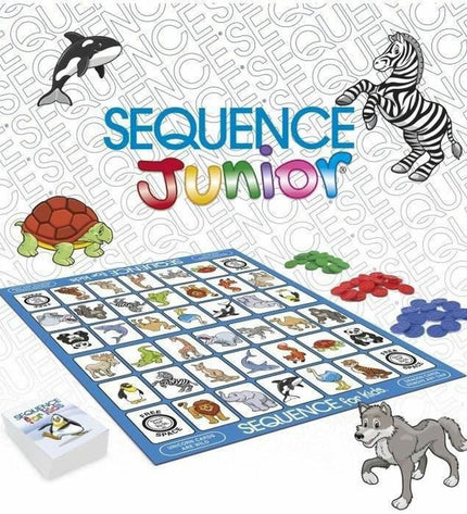 Goliath Sequence Junior board game with colorful cards and playing pieces, designed for children, measuring 27 x 6 x 27 cm.