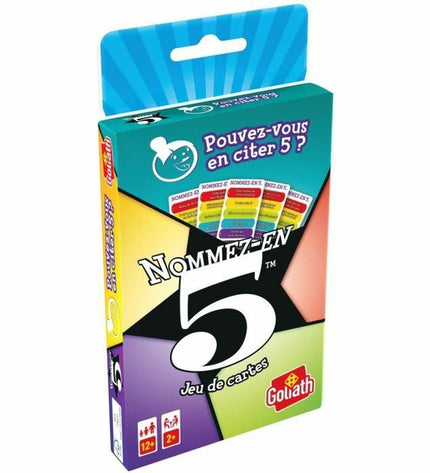 Goliath Nommez-en 5 board game with colorful cards and game pieces on a wooden table, suitable for family fun and group play.