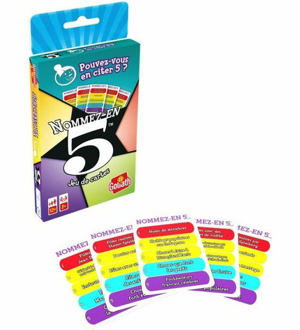 Goliath Nommez-en 5 board game for families, colorful game pieces and cards on a wooden table, fun gameplay setup.