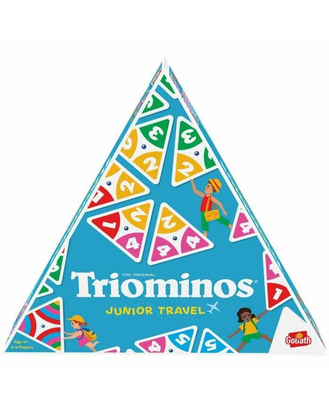 Goliath Triominos Junior travel game set with colorful triangular tiles for kids, perfect for on-the-go fun and family play.