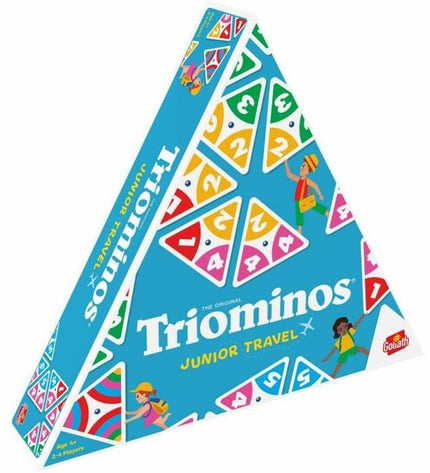 Goliath Triominos Junior travel game set with colorful triangular tiles for kids' educational fun and portable gameplay.
