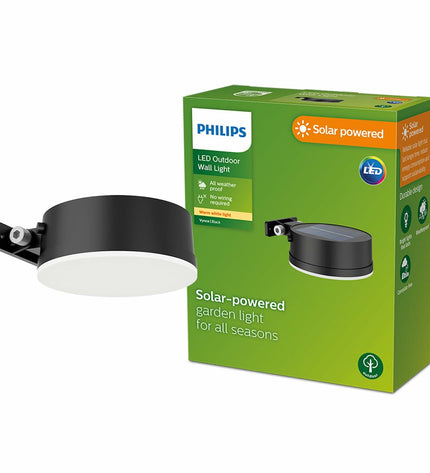 Philips outdoor garden wall lamp with 1.5W, 200 lumens, circular design, warm 2700K light, decorative exterior lighting.
