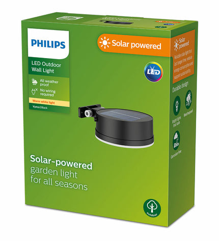 Philips outdoor garden wall lamp with 1.5W 200 lumens circular design in warm 2700K light, decorative outdoor lighting.
