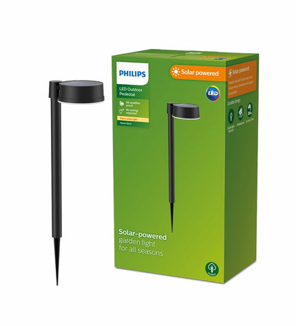 Philips Vynce solar garden light in black plastic, circular shape, 1.5W warm white (2700K), outdoor decorative illumination.