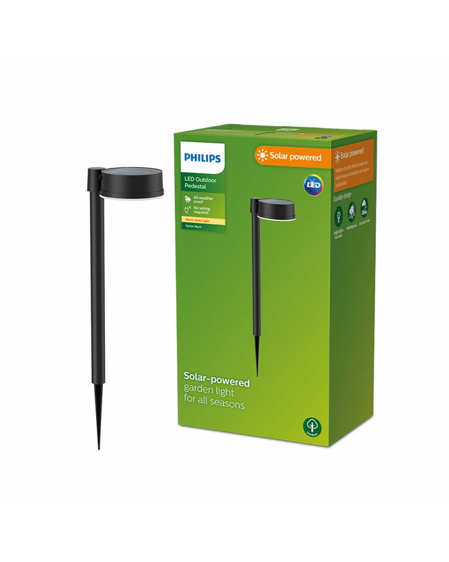 Philips Vynce solar garden light in black plastic, circular shape, 1.5W warm white (2700K), outdoor decorative illumination.