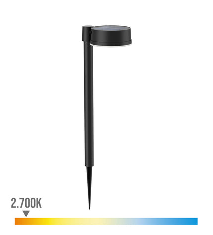 Philips Vynce solar garden light in black plastic, circular shape with warm white 2700K glow, outdoor decorative lighting.