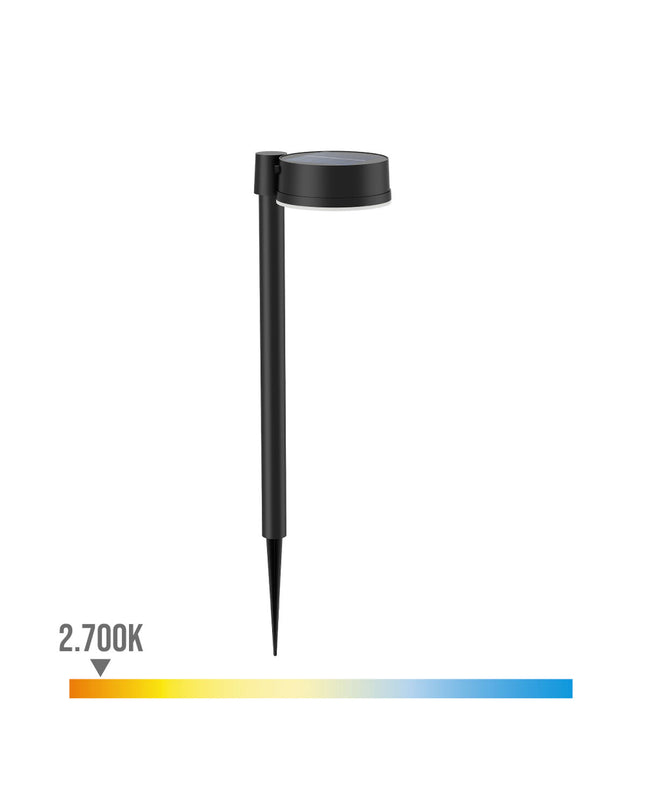 Philips Vynce solar garden light in black plastic, circular shape with warm white 2700K glow, outdoor decorative lighting.