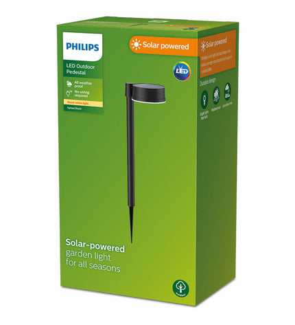 Philips Vynce solar outdoor garden light in black plastic, warm white 2700K, circular shape, 1 piece, 11.2 x 14.2 x 54 cm.