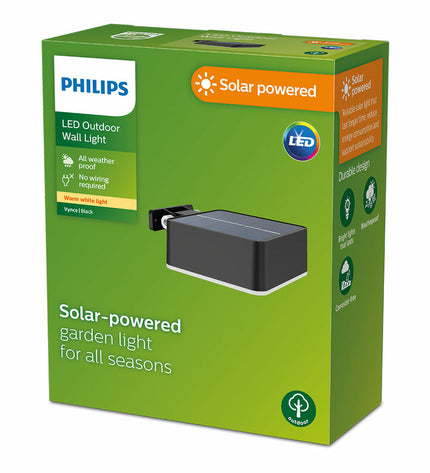 Philips outdoor square garden wall lamp with 1.5W, 200 lumens, 2700K warm light, suitable for exterior decorative lighting.